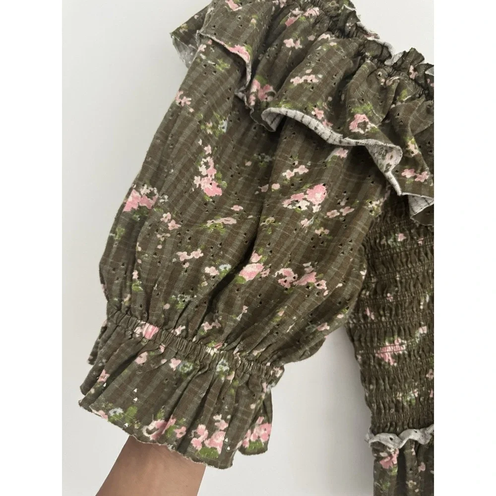 Free People Dainty Ruffle Floral Prairie Favorite Girl Top Army Combo Small